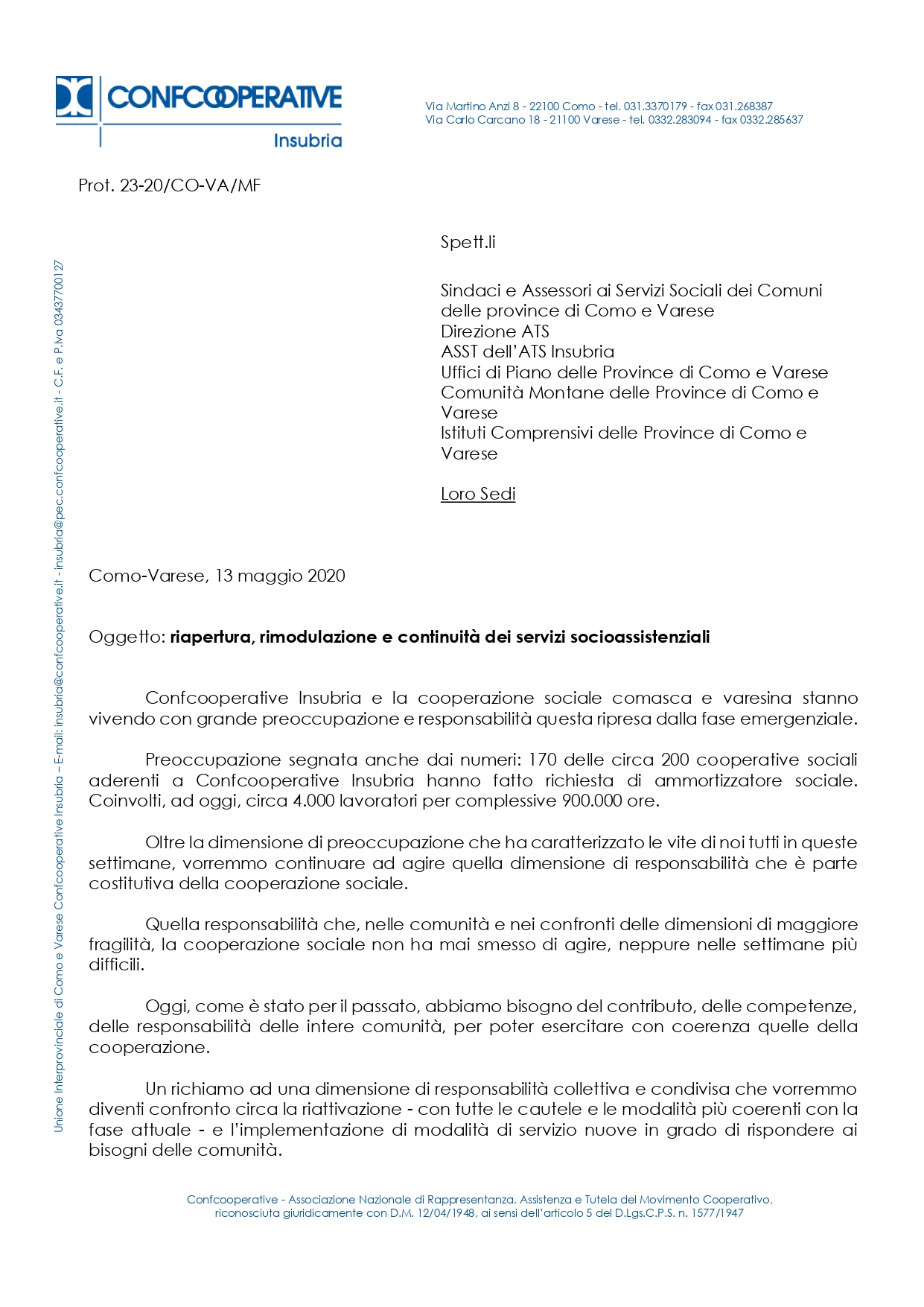 Riapertura, rimodulazione e continuità dei servizi socio educativi e socioassistenziali
