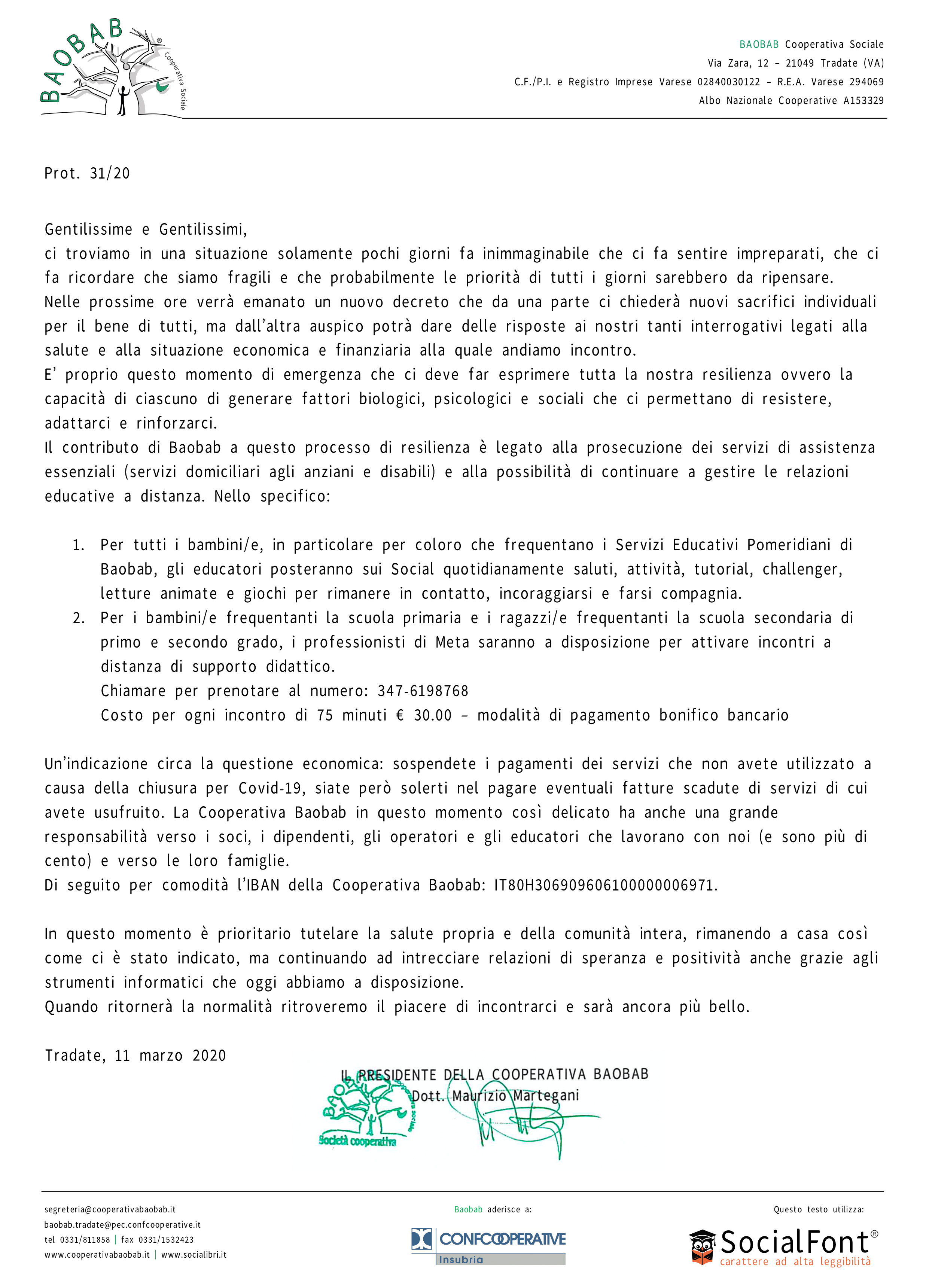 lettera ai fruitori dei servizi della cooperativa baobab